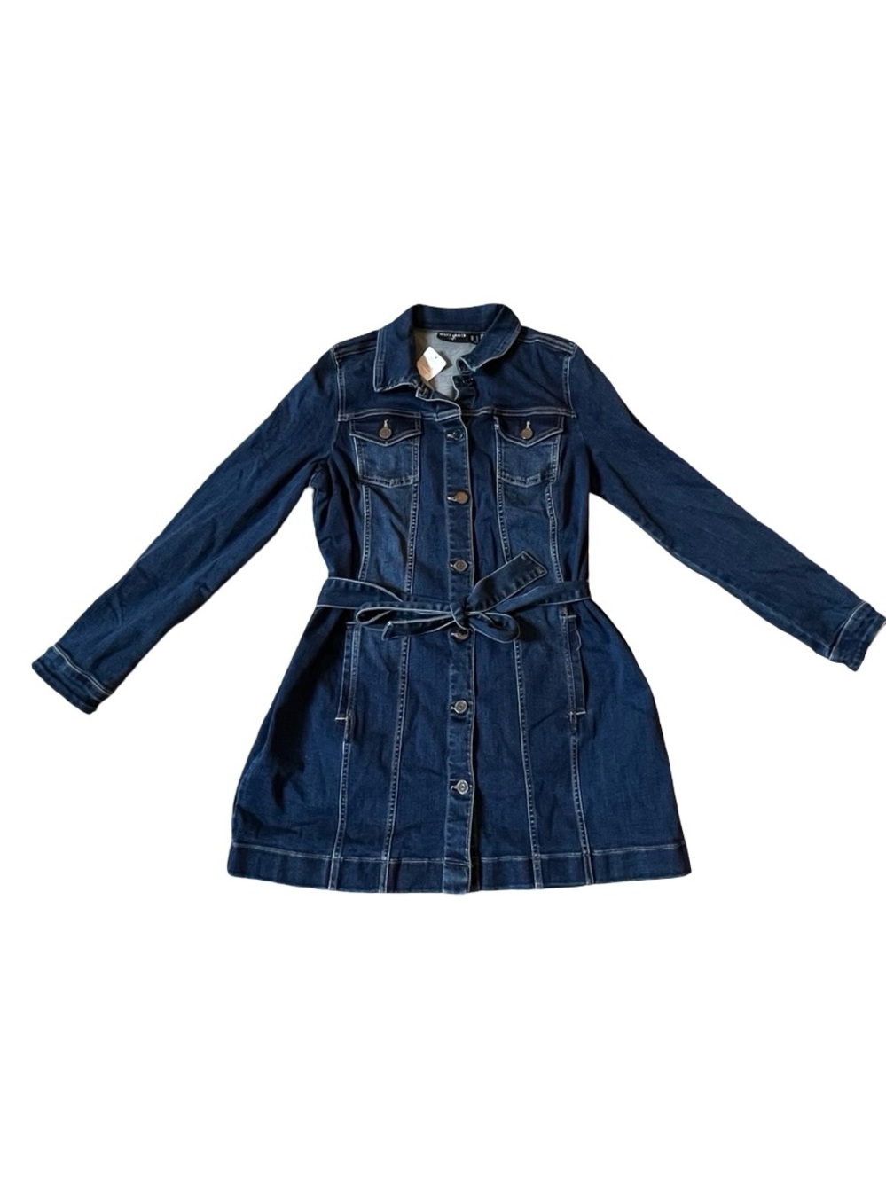NWT Susan Graver Jeans L Dark Wash Denim Belted Trench Jacket Dress Button Front - Picture 2 of 4